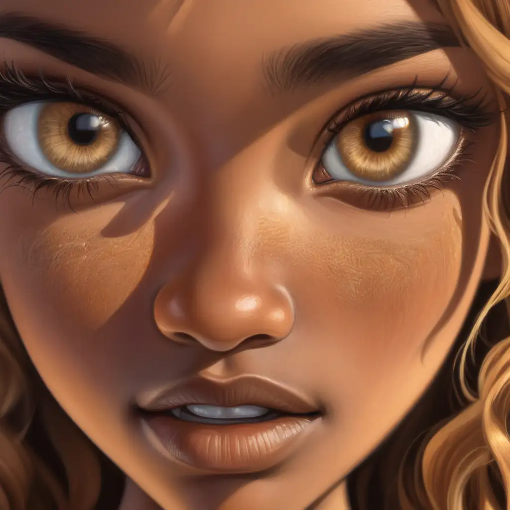 Close up eyeline shot of oval shaped face with hazel almond shaped eyes frozen in fear. Vlack female with light honey golden brown long wavy hair