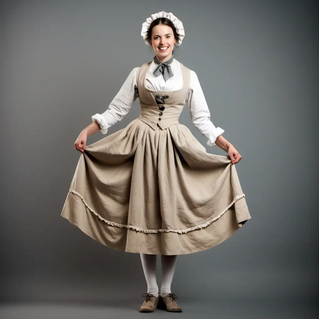 happy young seamstress woman in 1850 wearing beige and white costume showing her entire body including shoes with grey clean backdrop
