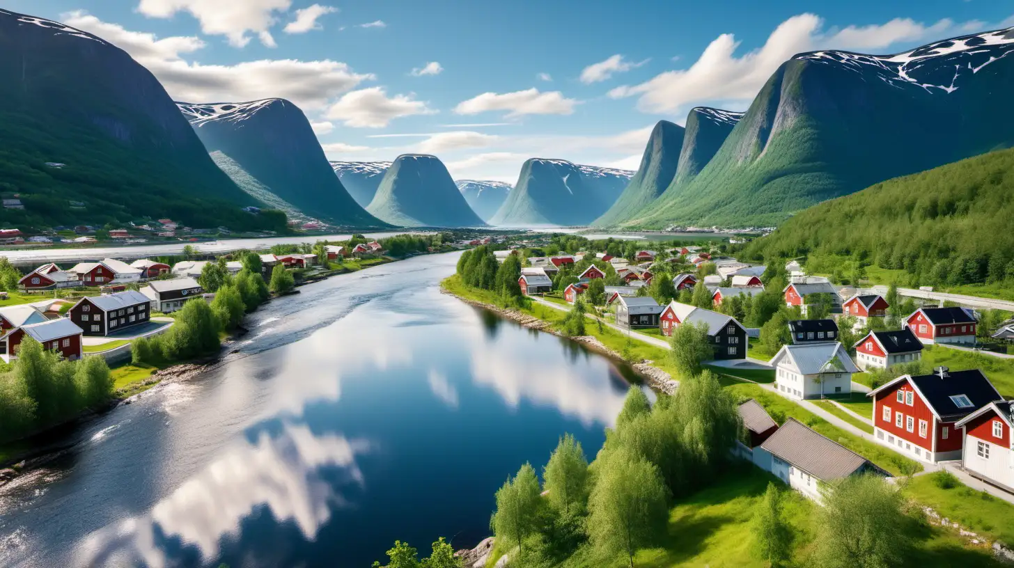 Serene Norwegian Landscape with River Mountains and Sunlight