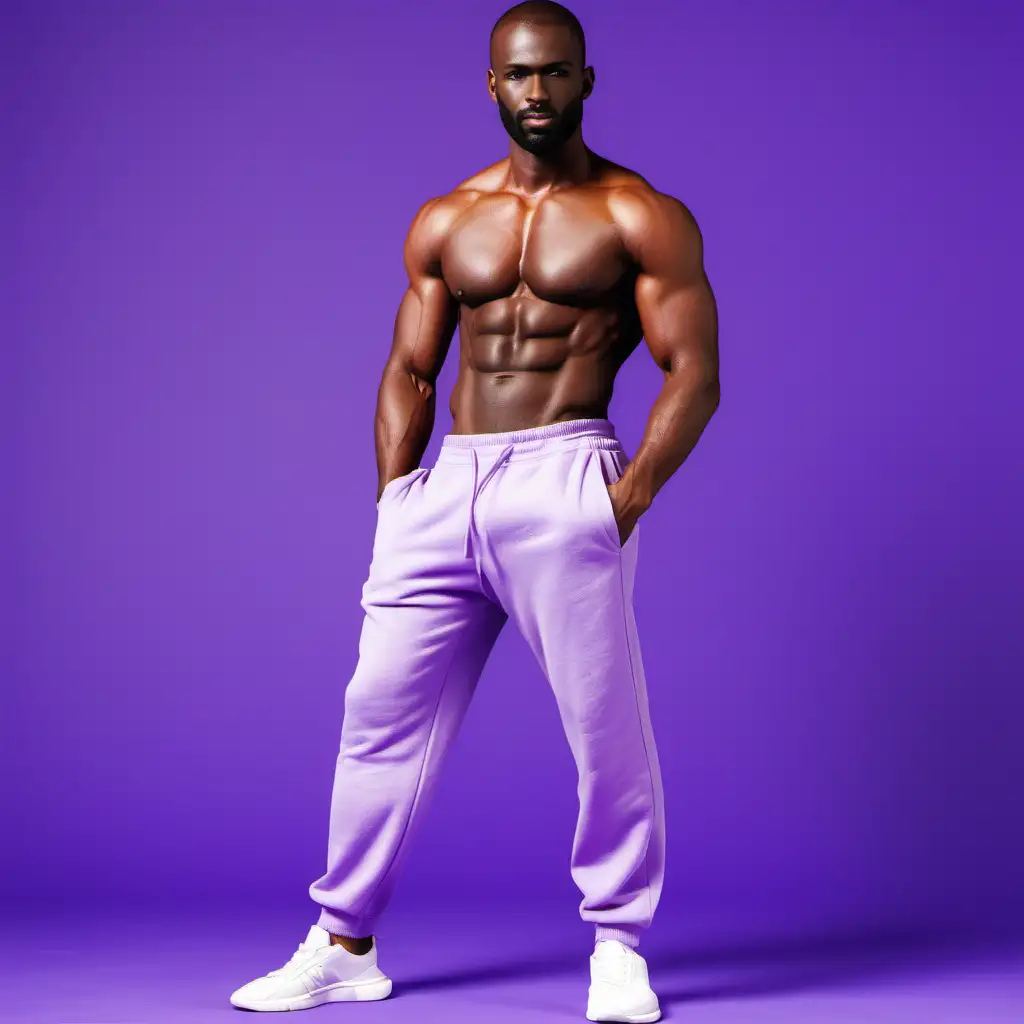 Athletic Man Flaunting Lavender Sweatpants and Defined Abs