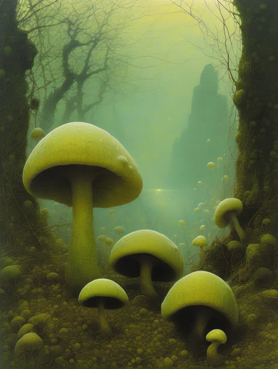 Zdzislaw Beksinski, cyber dots, ginkgo biloba leaves, pussy willow bush, mushrooms, huge snail with big moss covered shell, diffused, blurry, dew drops.