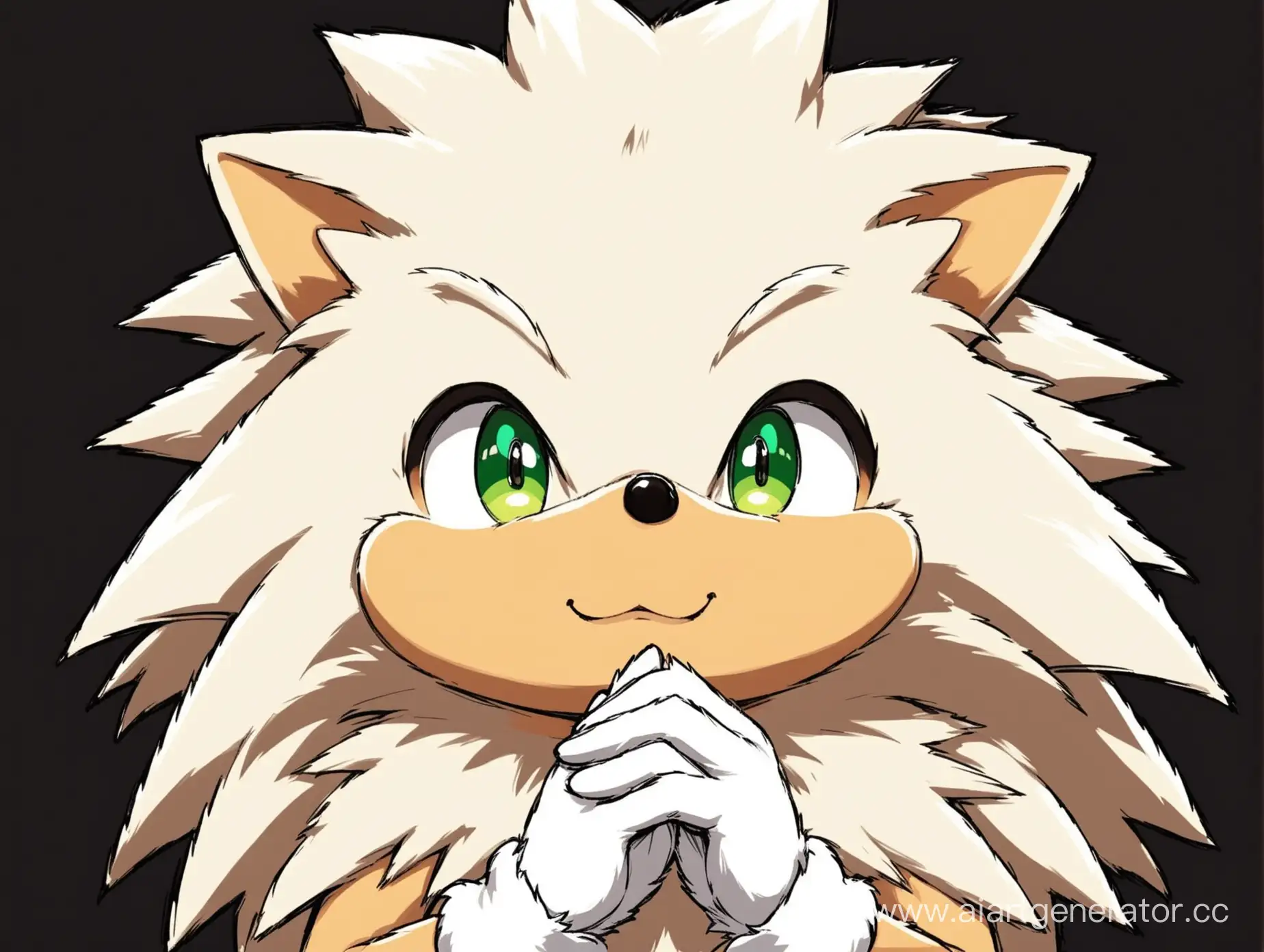 solo, 1boy, animal ears, black background, long hair, open mouth, smile, furry, furry male, hedgehog, white hair, animal nose, happy, hands up, green eyes, :3, simple background, upper body, white gloves, body fur, gloves, flat color, multicolored hair, white fur, own hands together, looking at viewer, two-tone hair, jaggy lines, fur collar, bangs, crop top, sonic the hedgehog