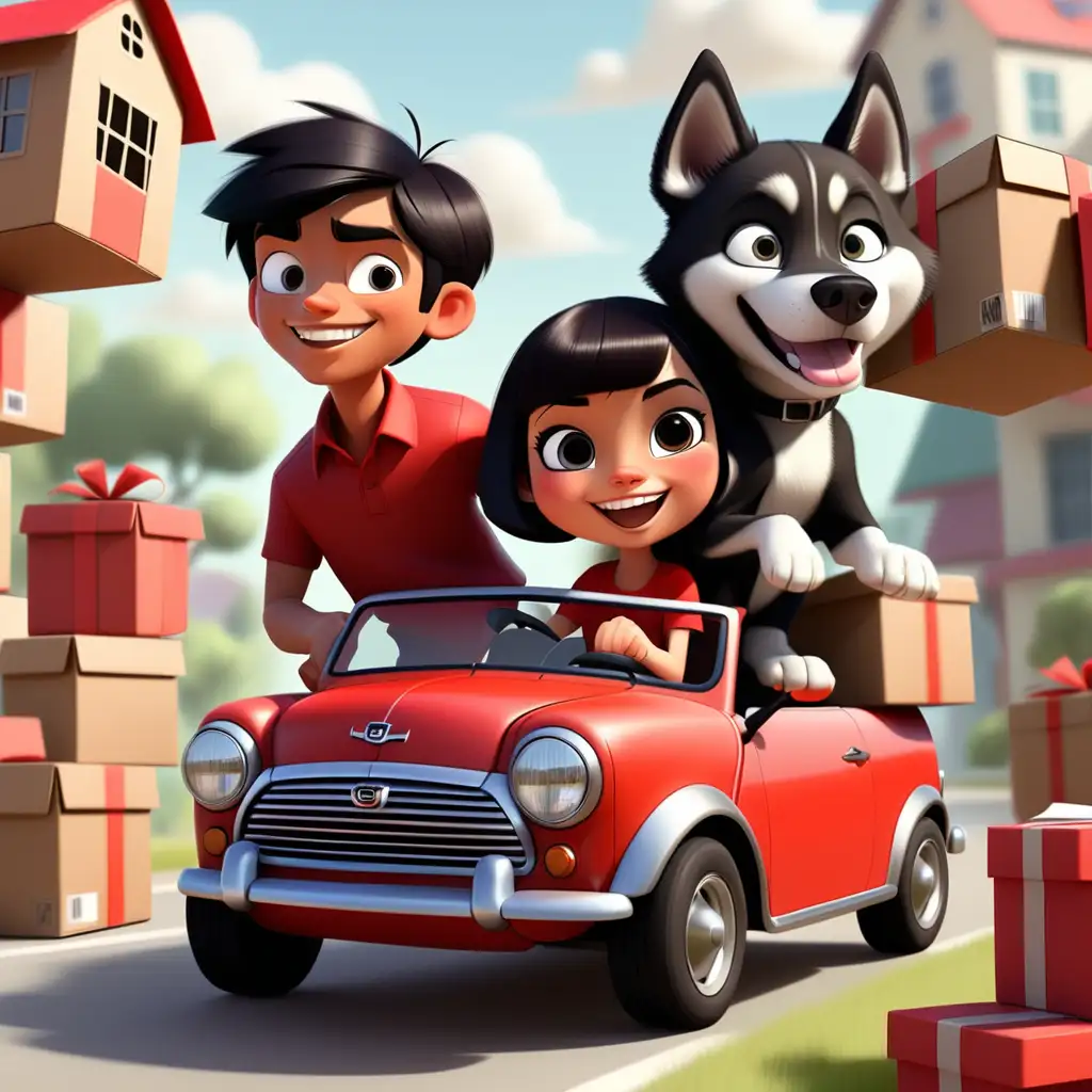 Enchanted storybook characters happy. 
Hispanic boy with black hair.
girl with short bob brown hair.
Black husky. 
Driving red mini Cooper with moving boxes.