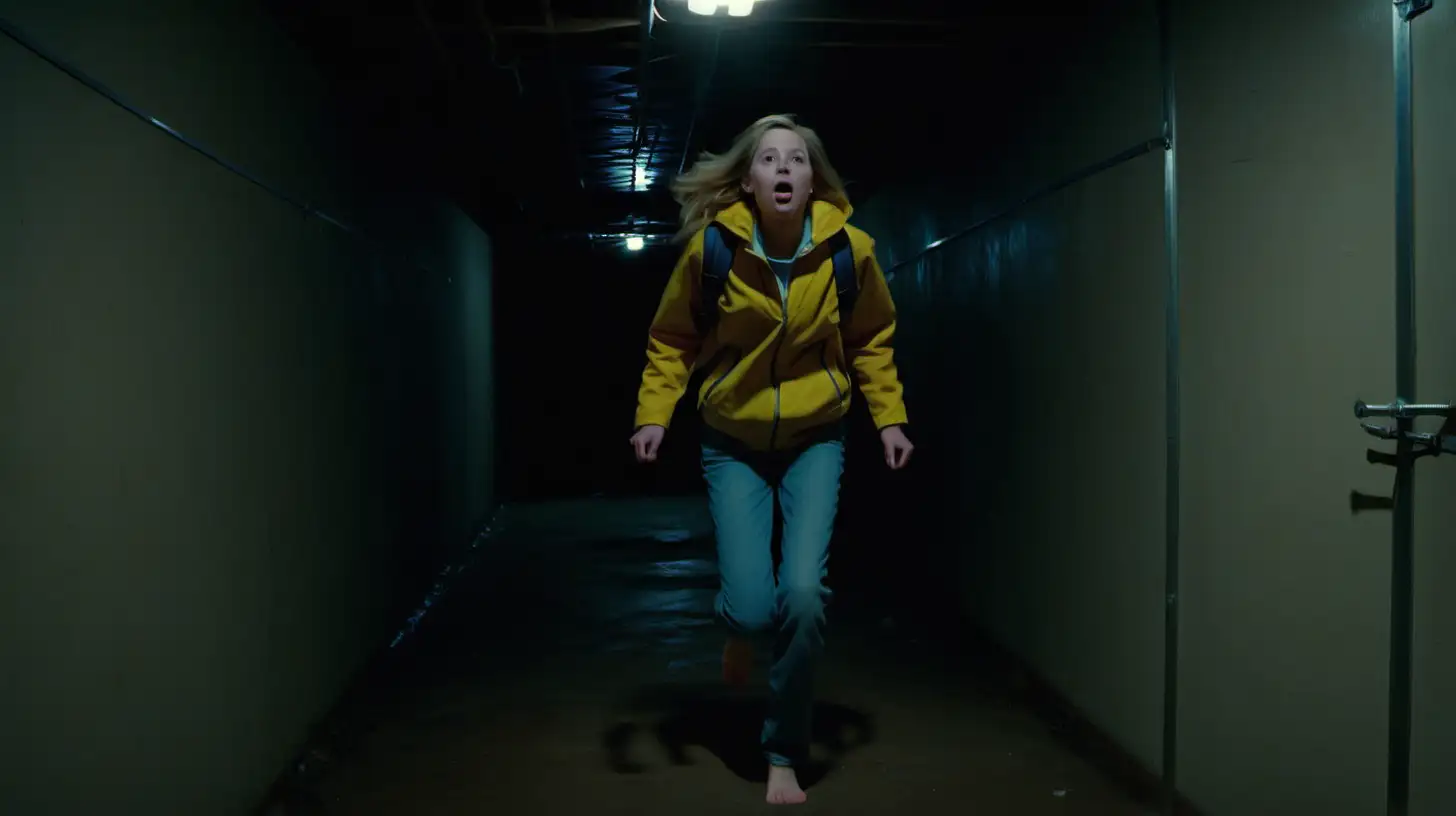 Excited Woman in Yellow Jacket Running through Dark Basement Corridor
