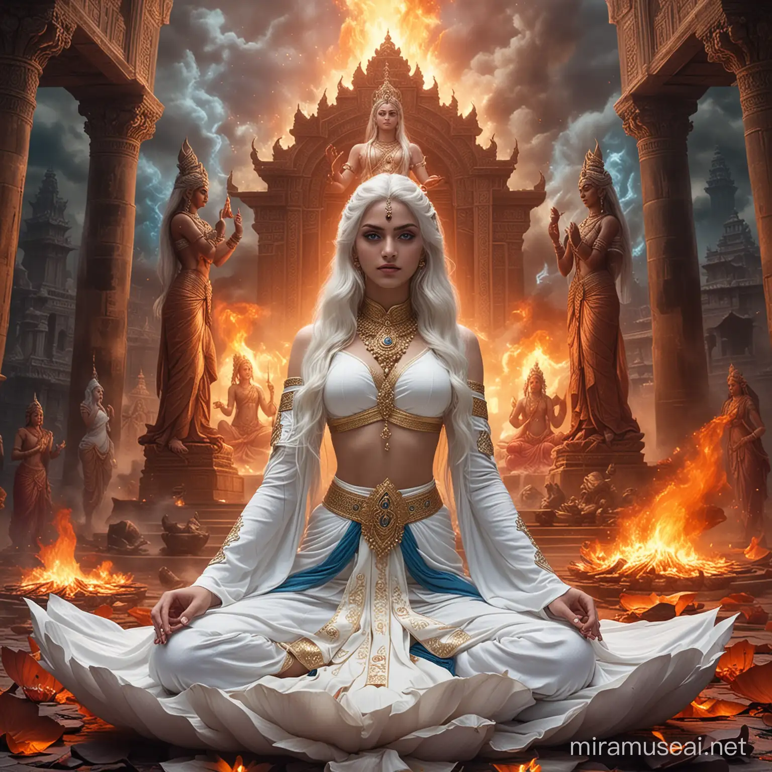 Powerful Hindu Empress Goddess Surrounded by Fire and Divine Beings