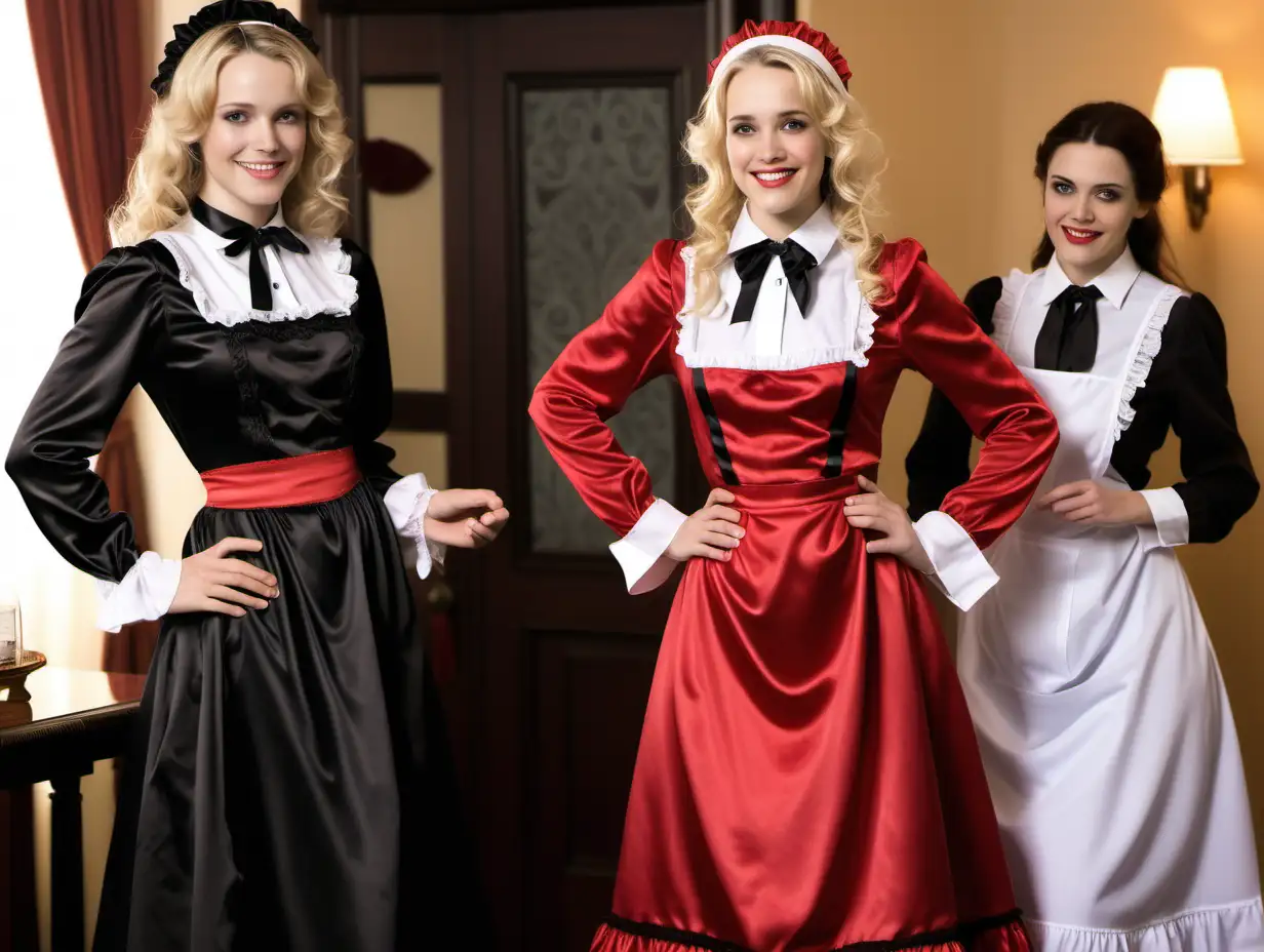 girls in long crystal silk satin red black,lila retro victorian maid gown with white apron and peter pan colar and long sleeves costume and milf mothers long blonde and red hair,black hair rachel macadams  smile in turkish hotel