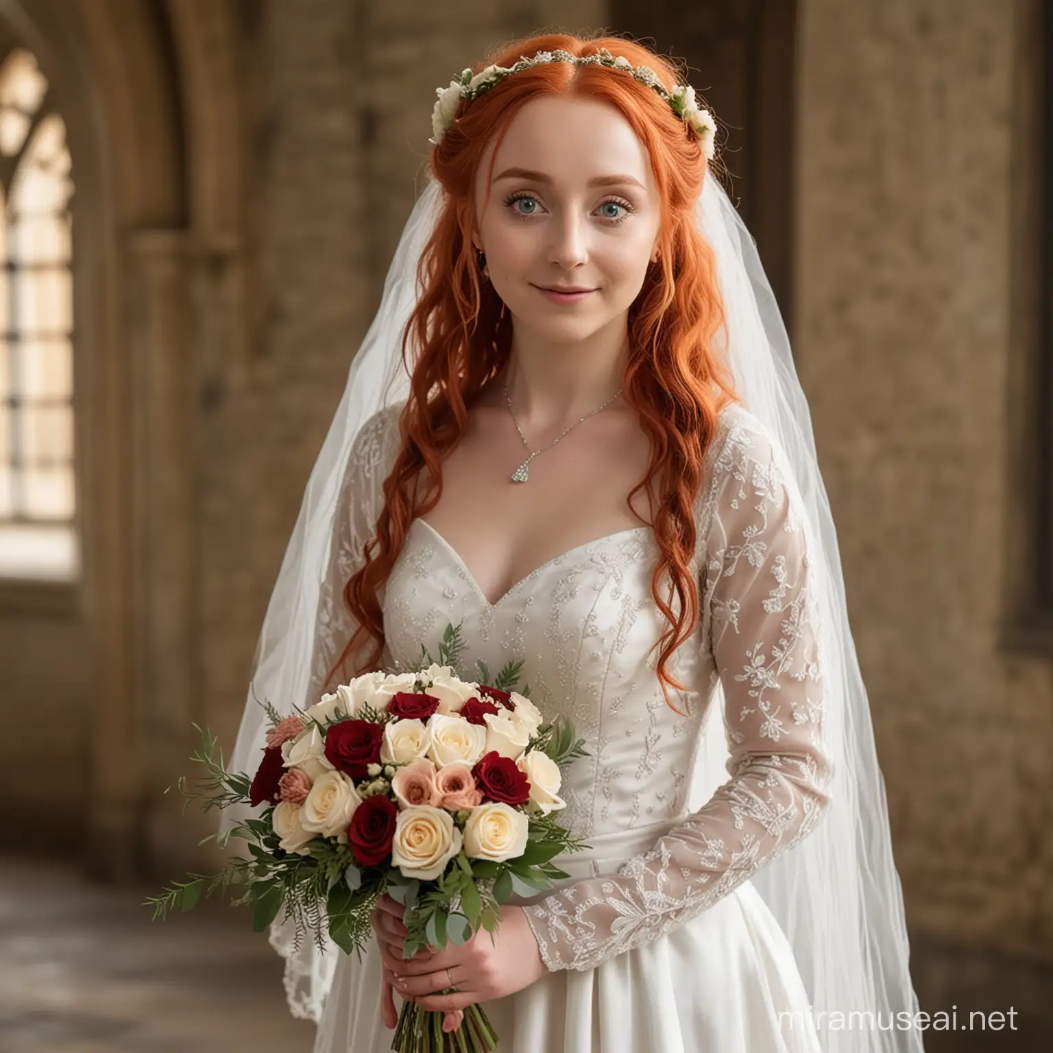 Red-haired Luna Lovegood in a beautiful bride's outfit holds a bouquet