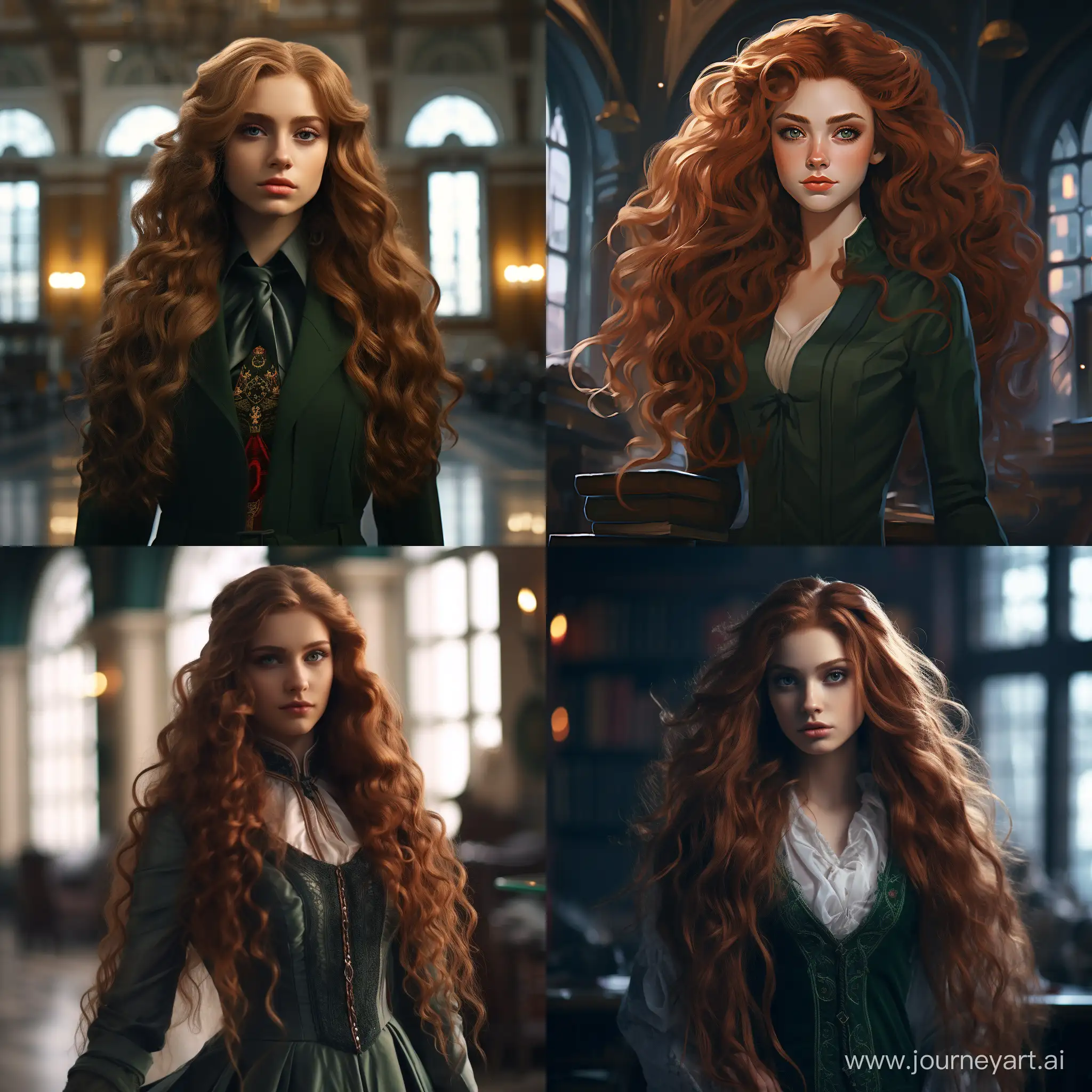 Russian magical girl, a student with long red curly hair in the shape of Slytherin at Hogwarts
