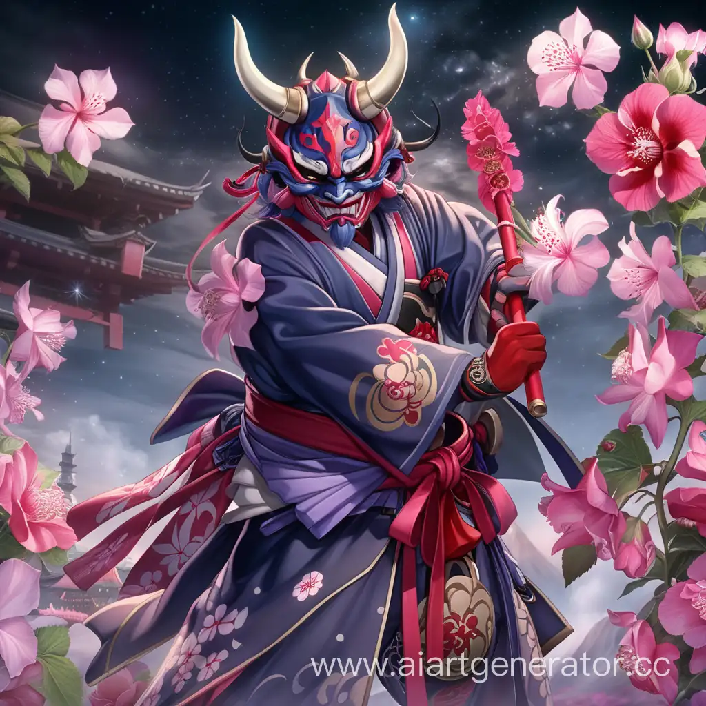 Kelus-the-Oni-Hero-Amidst-Hollyhock-Japanese-Roses