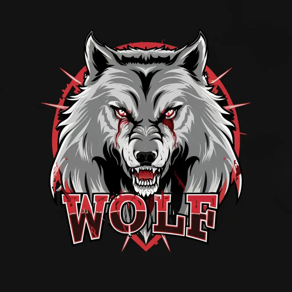 a logo design,with the text "WOLF", main symbol:Make a realistic wolf sports logo. Make the wolf bloody,Moderate,clear background