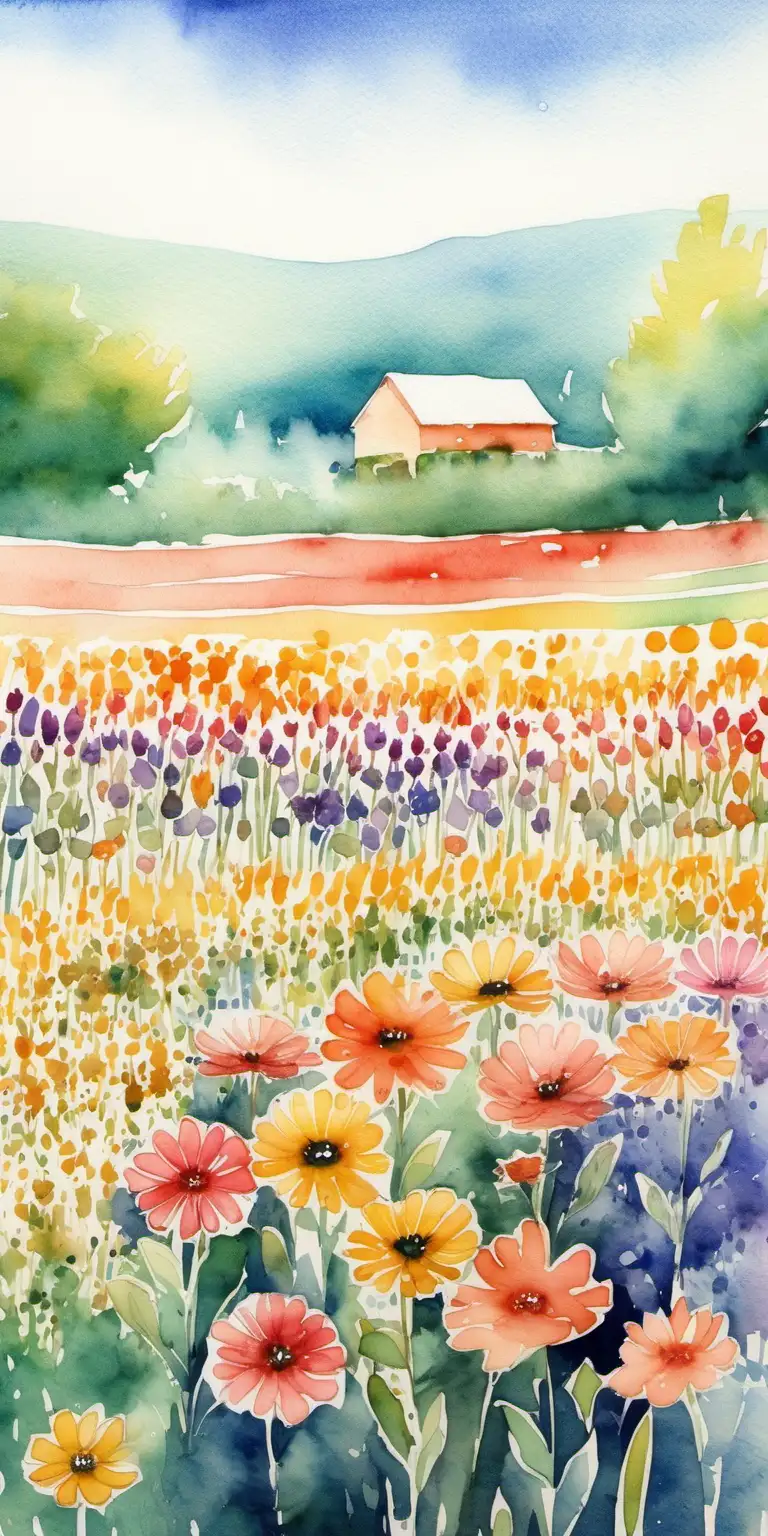 Vibrant Watercolor Flower Field Painting Serene Nature Landscape Artwork