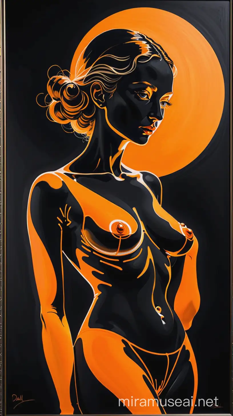 painting of woman made  of orange  outlines with black background. IN SALVADOR DALI STYLE
