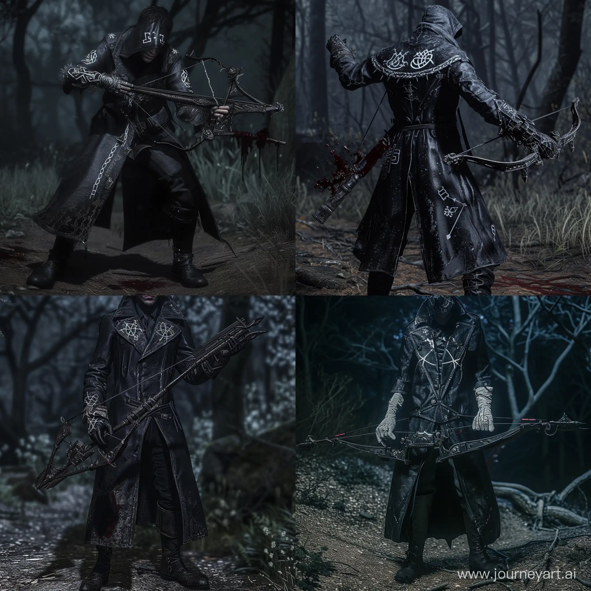 a man wearing, Sleek, jet-black trench coat with silver runes, Exorcist gloves with symbols that banish the supernatural, Dark, high-laced boots for navigating haunted terrains, wields a crossbow with enchanted bolts, standing in a dark forest,  bloodborne aesthetic, 1970's dark fantasy, detailed, cosmic horror, gritty, dark lighting, edgy, blood on weapon, 64 bit