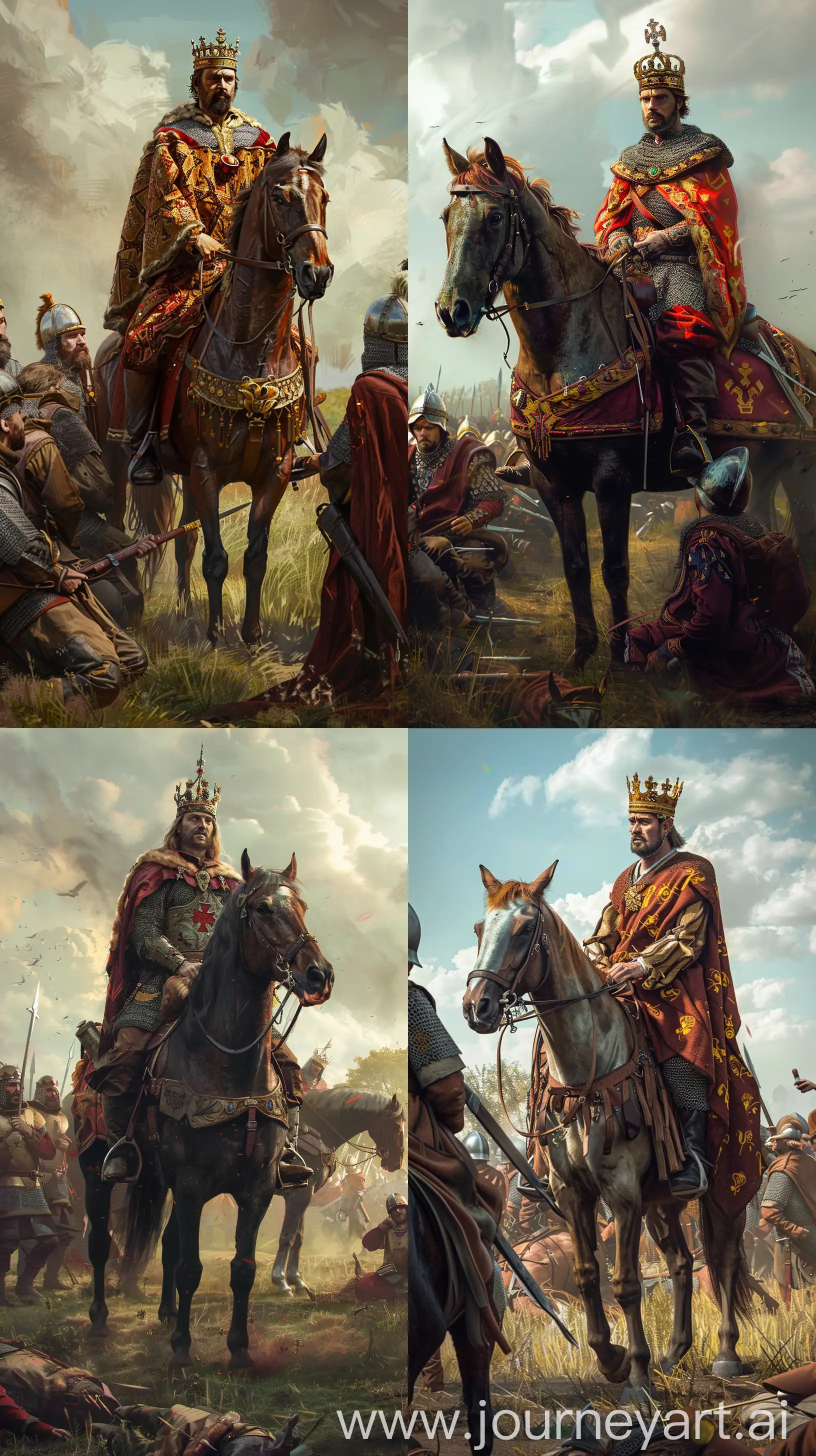 /imagine prompt: King Richard the Lionheart on horse, depicted in his attire and crown, historical accuracy, his soldiers listening to him, battle field, 2D Digital Art, Digital Painting, painting by Boris Groh, Affinity Designer, full body shot --ar 9:16