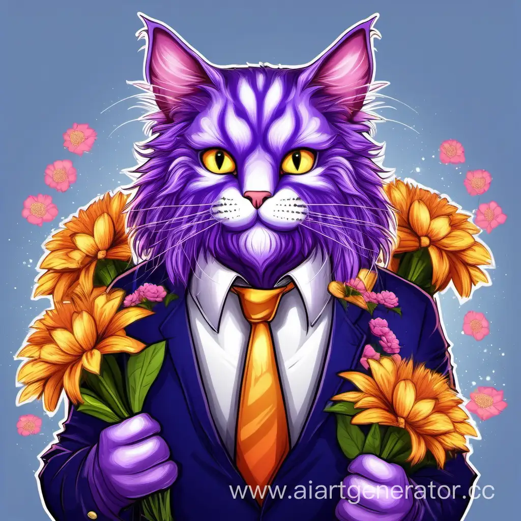 Maine-Coon-Man-in-Realistic-Costume-Congratulating-Girls-with-Flowers-on-March-8th