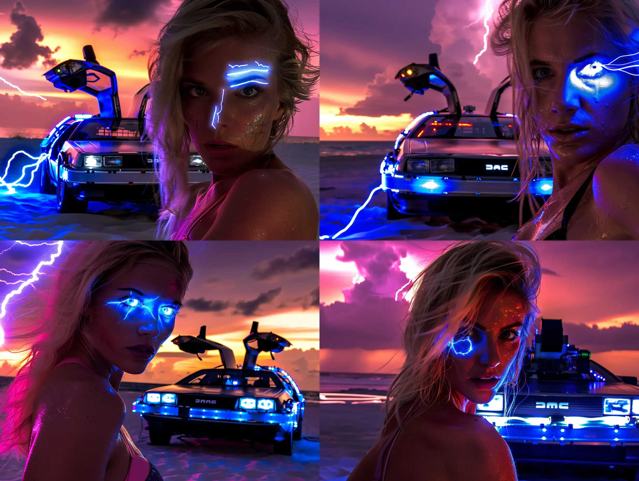 Blonde in swimsuit in foreground close to camera, face lit up by spotlight, with Back to the future delorean in background on Beach at sunset. scifi, futuristic,  blue lightning in sky,  purple sky, smoky, fire trails, artistic, bright, masterpiece, stunning,