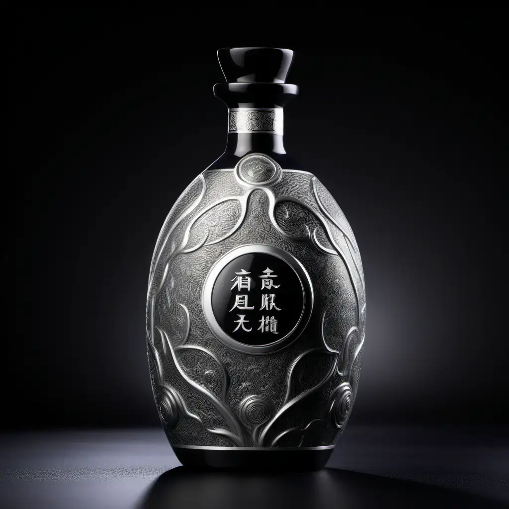 Chinese health and wellness liquor, bottle design, high end liquor, 500 ml ceramic bottle, precision product photograph images, high and delicate details, unique bottle shape design, black and silver texture, brand name is 玖莼