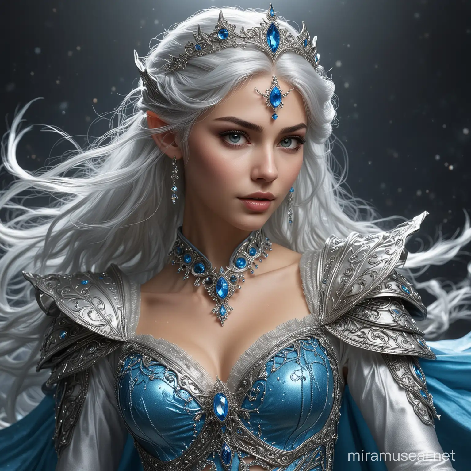 Imagine a half-elf with a regal bearing and features that blend the elegance of her elven heritage with the vibrancy of her human ancestry. Her eyes are a piercing shade of electric blue, sparkling with inner magic and a hint of mischief. Cascading waves of silver hair frame her face, swirling like a storm of lightning frozen in time.

Voltara stands tall and confident, her figure adorned in an array of extravagant costumes that seem to shimmer and sparkle with every movement. Each outfit is a masterpiece of design, crafted from luxurious fabrics and embellished with glittering gems and metallic accents that catch the light and dazzle the eye.

In her hand, she holds a beautifully crafted lute, its surface etched with intricate patterns that seem to glow with an otherworldly light. As she strums the strings, a melody fills the air, rich and melodious, resonating with the power of magic itself.

Surrounded by an aura of charisma and charm, Voltara Crescendo is a vision of grace and beauty, a true star shining brightly in the darkness. With her boundless talent and infectious energy, she captivates all who behold her, leaving an indelible mark on their hearts and souls.





