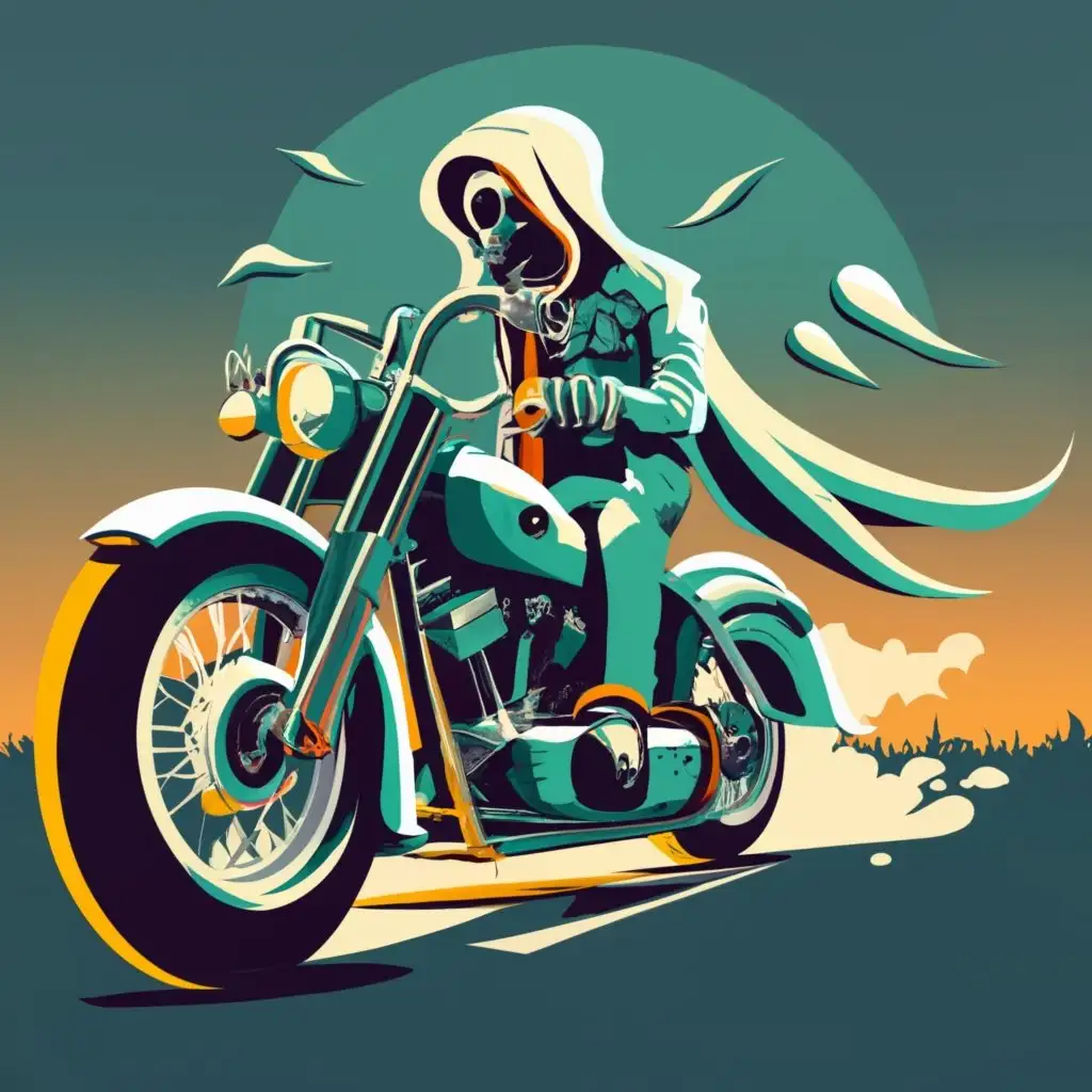 logo, Abstract cartoon style ghost biker on a Harley, with the text "The road to paradise", typography, be used in Entertainment industry
