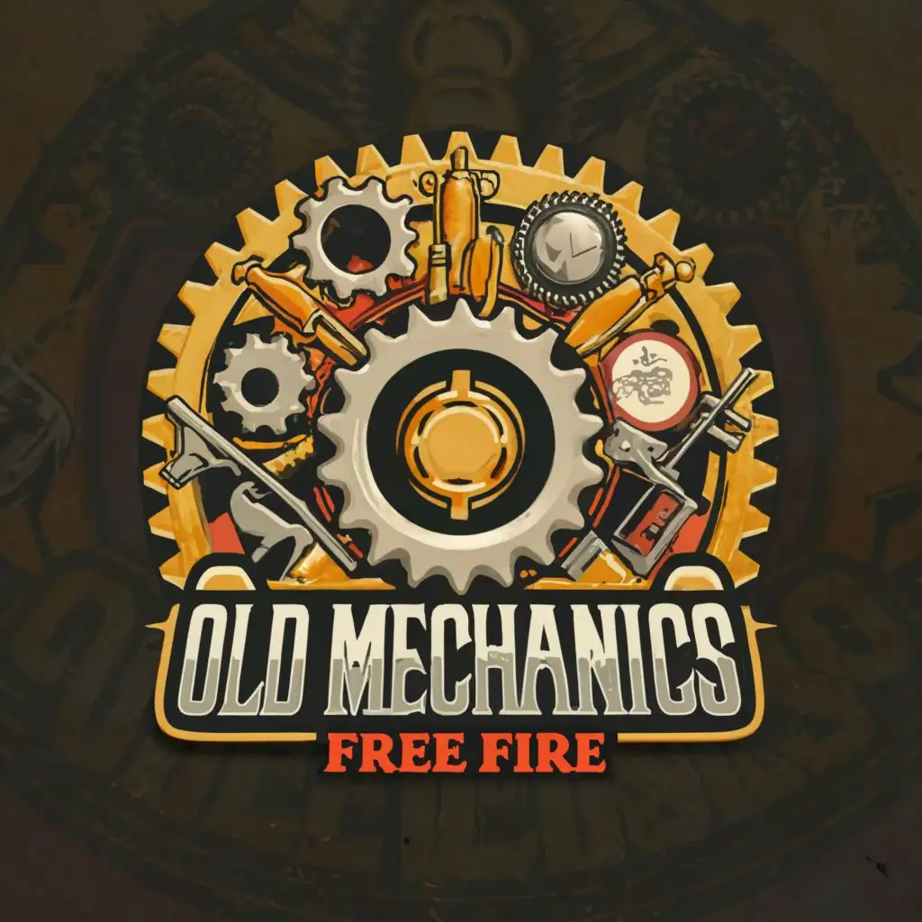 a logo design,with the text "OLD MECHANICS", main symbol:Machine gears, old characters in Free Fire, wearing weapons from the Free Fire game,Moderate,clear background wearing a single-character M1887 shoutgun in the middle in the name of the logo