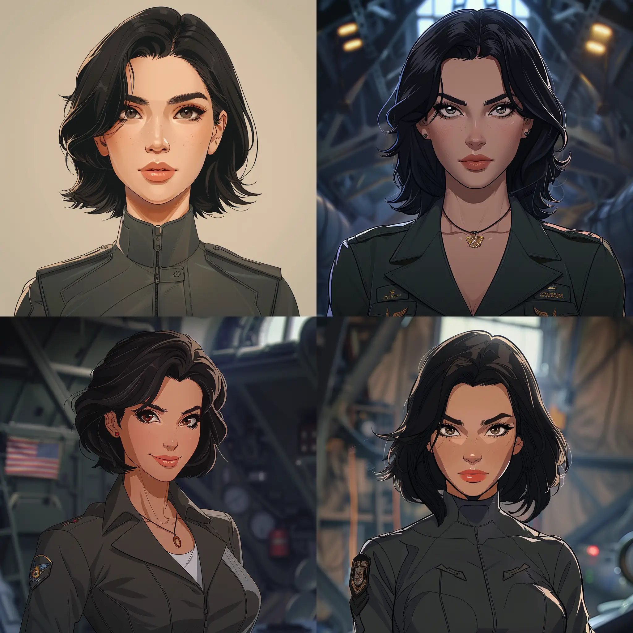 an avatar of a woman about 20, Mexican skin, airforce general with a serious expression. Her short, black hair, and her eyes transmit a profession, airforce suit, her presence commands respect,,cartoon, zoom out 2, --ar 140:140 --stylize 400 --v 6