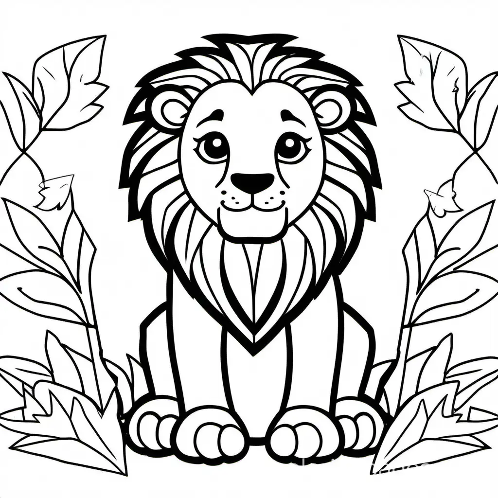 Cute Lion, Coloring Page, black and white, line art, white background, Simplicity, Ample White Space. The background of the coloring page is plain white to make it easy for young children to color within the lines. The outlines of all the subjects are easy to distinguish, making it simple for kids to color without too much difficulty