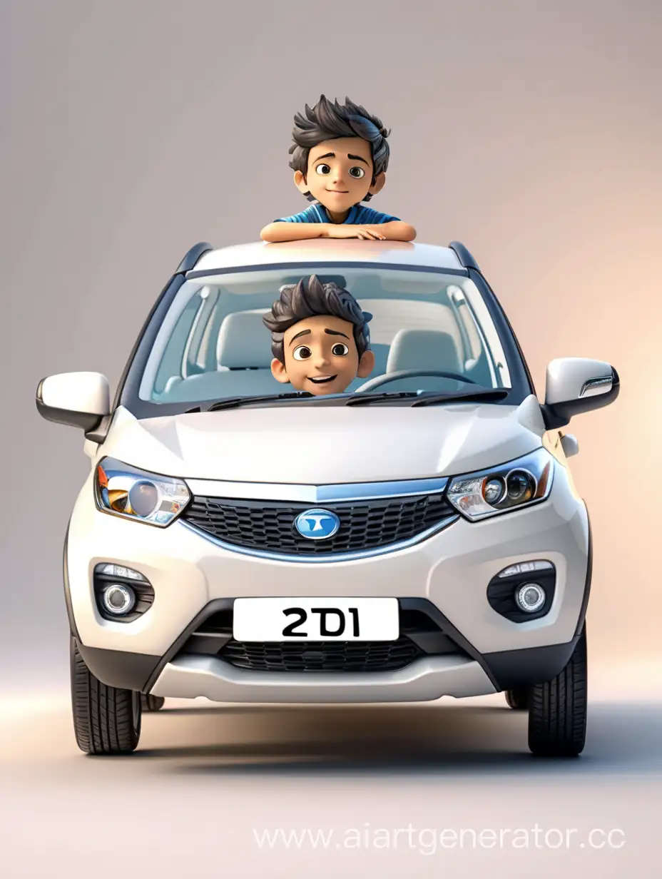 a 3d animation boy with 21 age character sitting on a white tata nexon car which has number plate as TN 38 DF 0156 at India