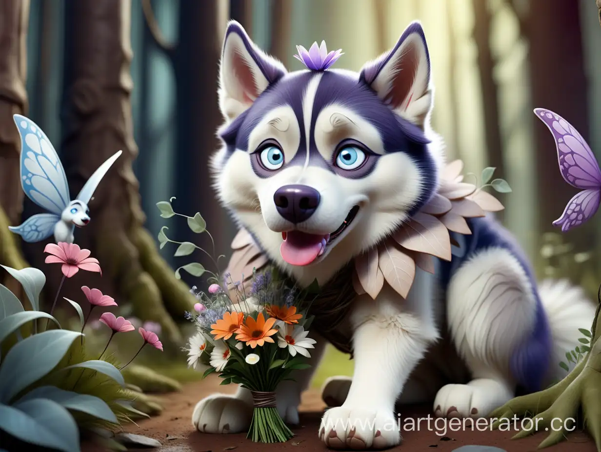 Enchanting-Husky-with-Floral-Bouquet-in-Fairy-Forest