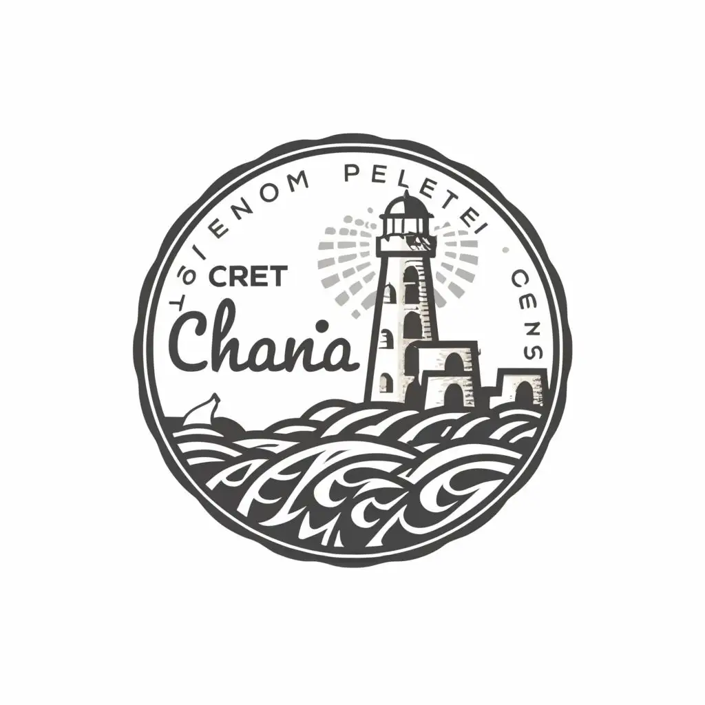 logo, Black and white a long rock wall with majestic lighthouse attached overlooking ocean waves, with the text "Chania, Crete", typography