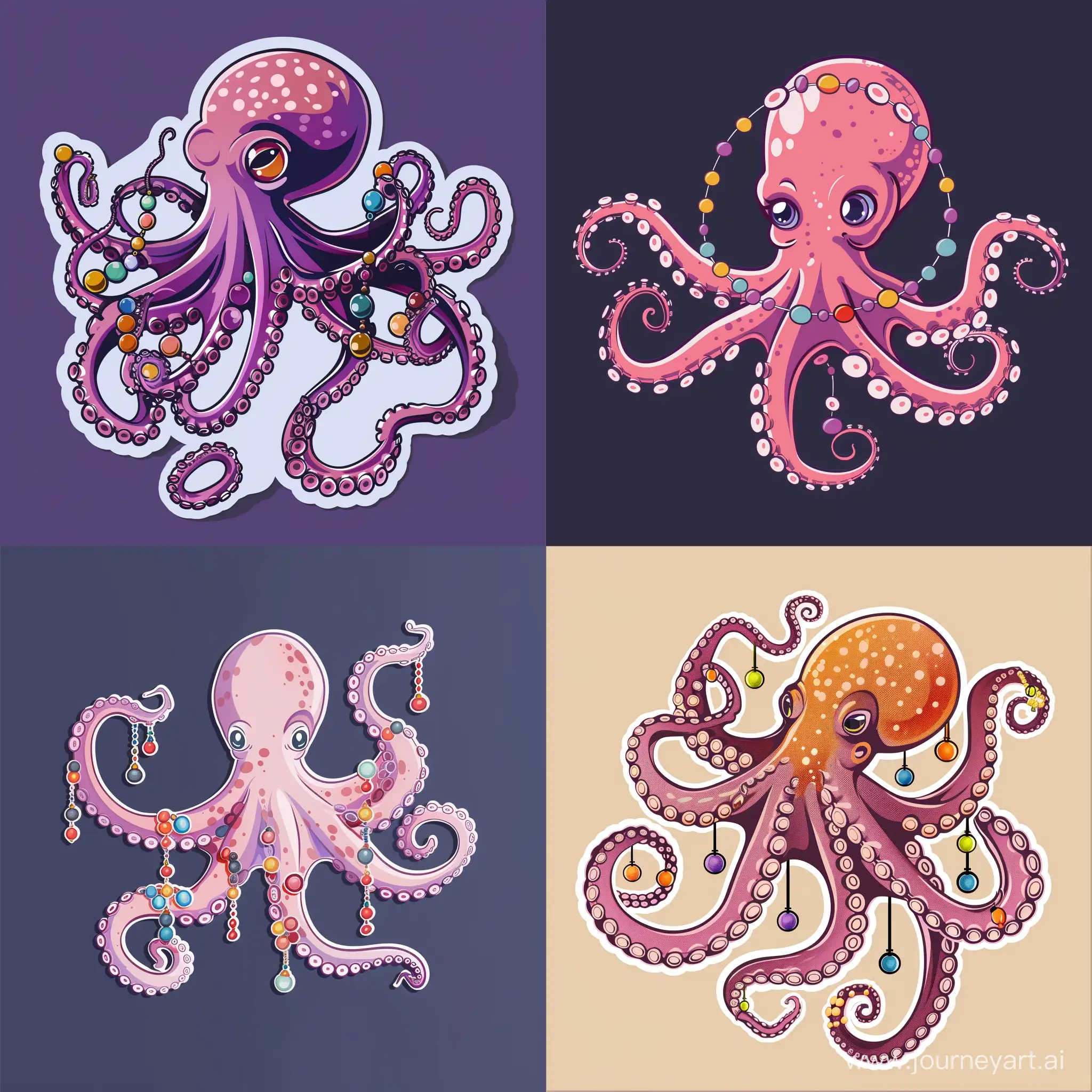 sticker design with the image of a cute octopus holding beads in its tentacles, in vector style, high quality details