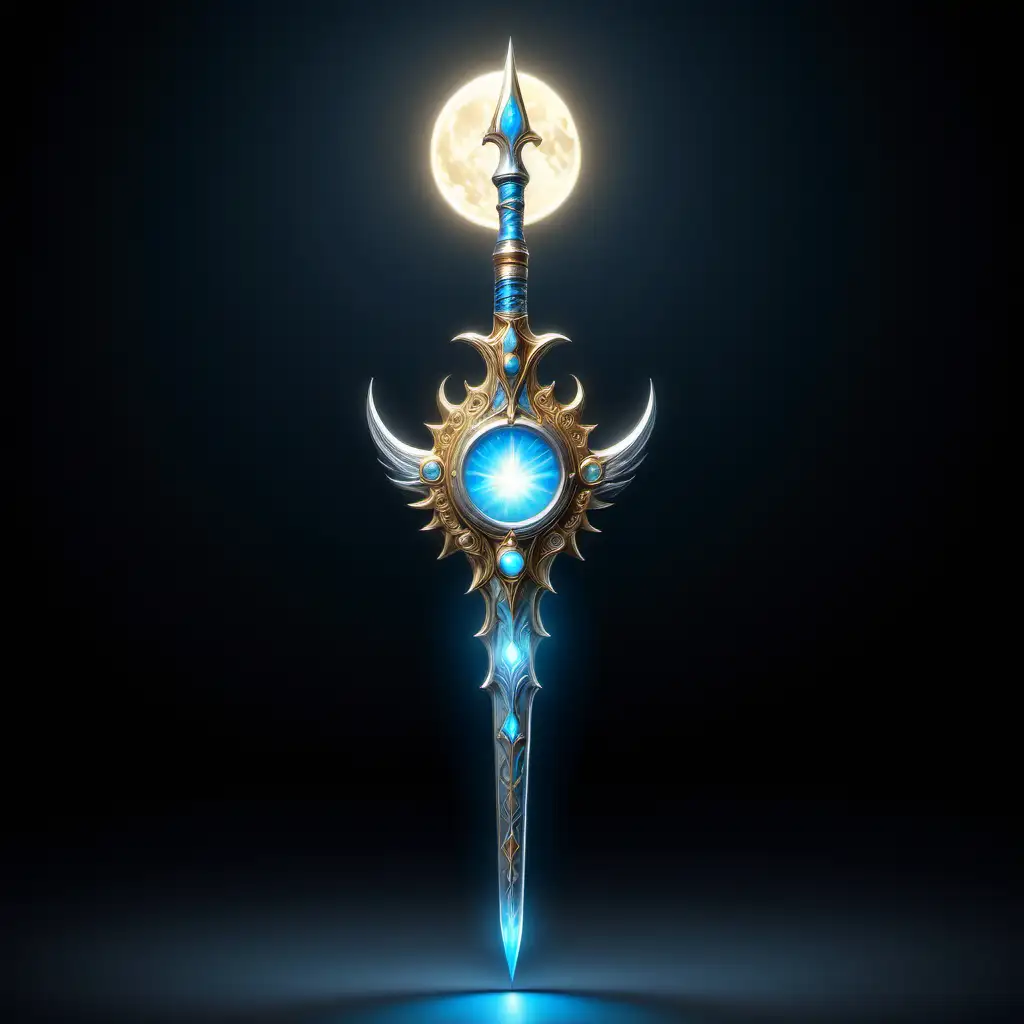 A luminous azure, silver, and gold spear.  Its shaft narrows in the middle.  It has tiny wings near its wavy tip and a sun and moon inlaid
