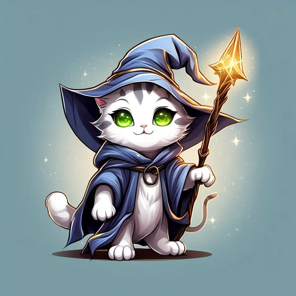 in cute cartoon style, an image of a kitten who is a wizard, similar to a young Gandalf, a head to toe image, full body, in an upright walking position. dynamic pose. beautiful colors, hd, no background