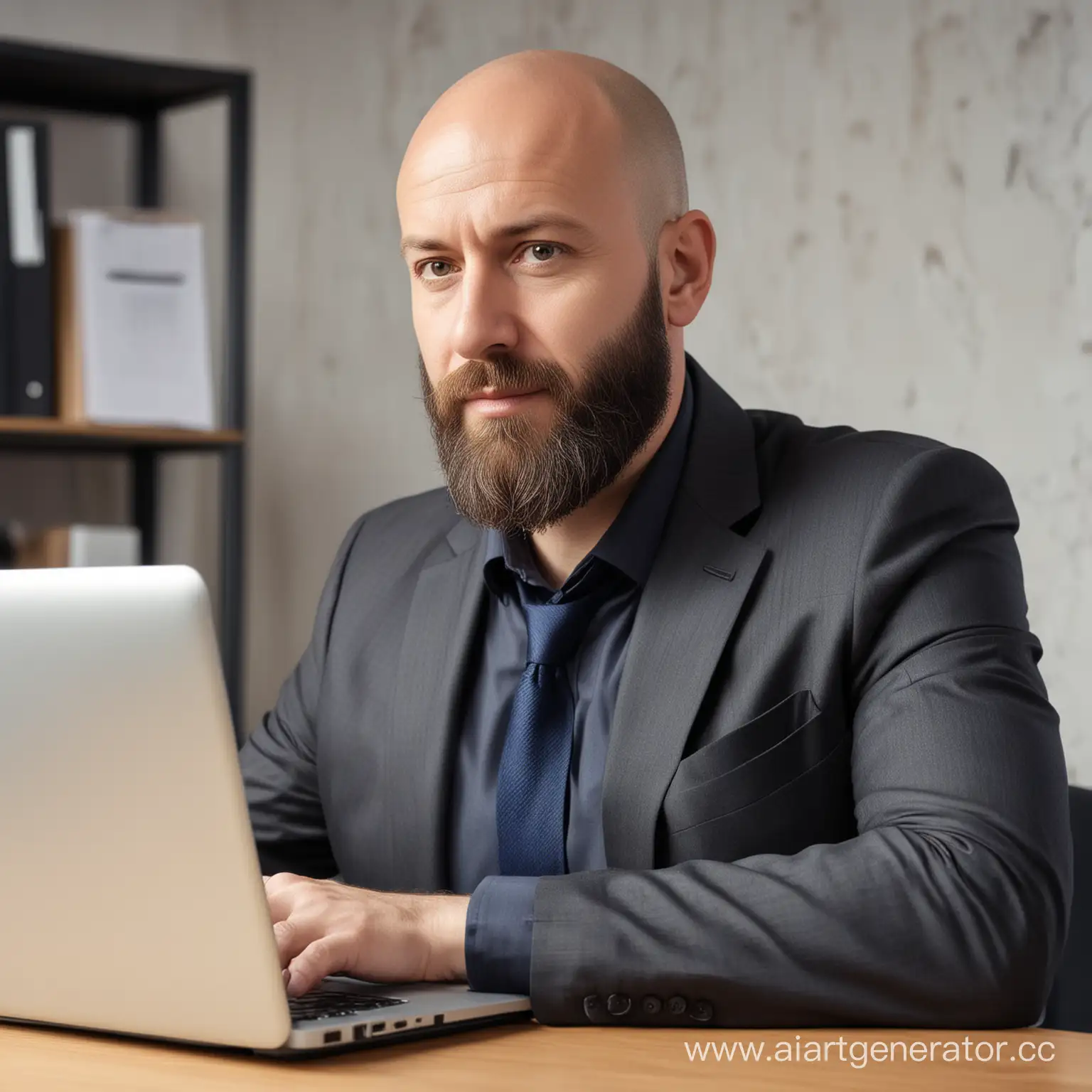 лысый мужчина с бородой 45 лет в офисе за ноутбуком реалистичное фото