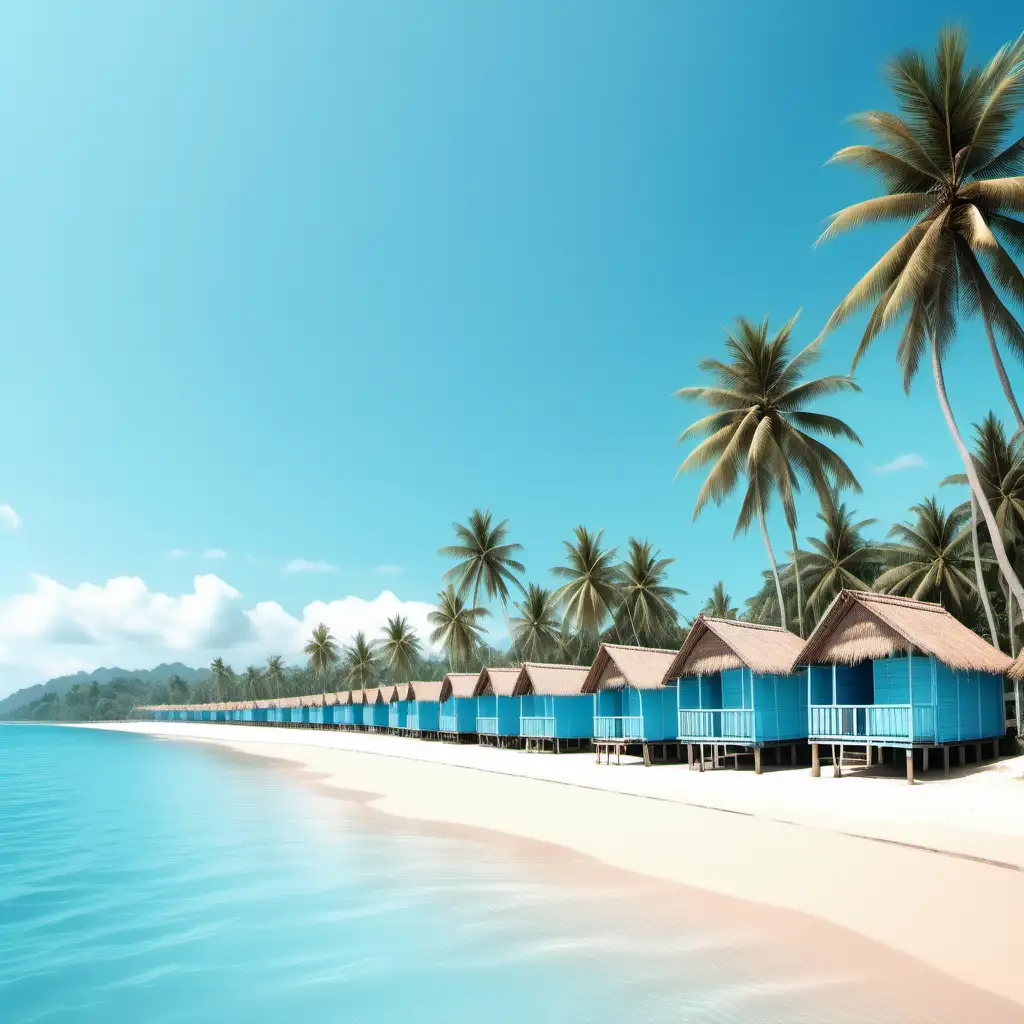 longitudinal light blue color beach  image with coconut roofs huts beside  for a travel website
