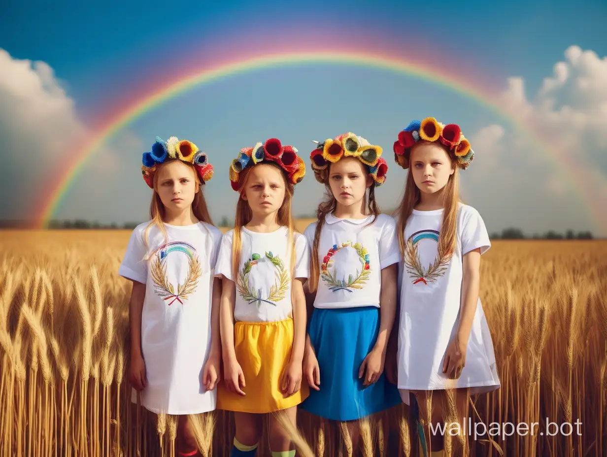 Girls shelter 12 years in embroidered shirts stockings with wreaths on their heads near a rocket in a wheat field under a blue sky with a rainbow