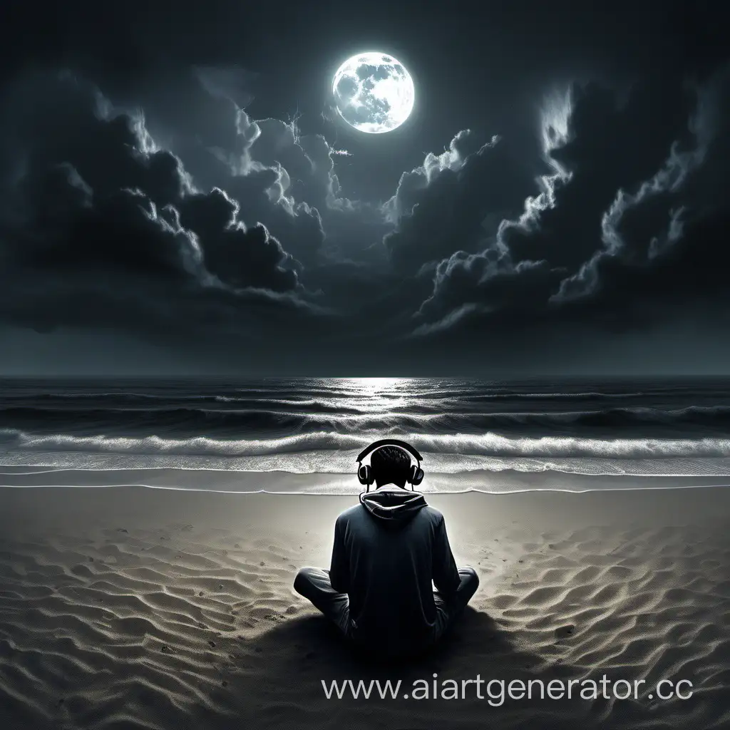 Solitude-in-Moonlit-Rain-Lonely-Figure-on-Dark-Beach-with-Headphones