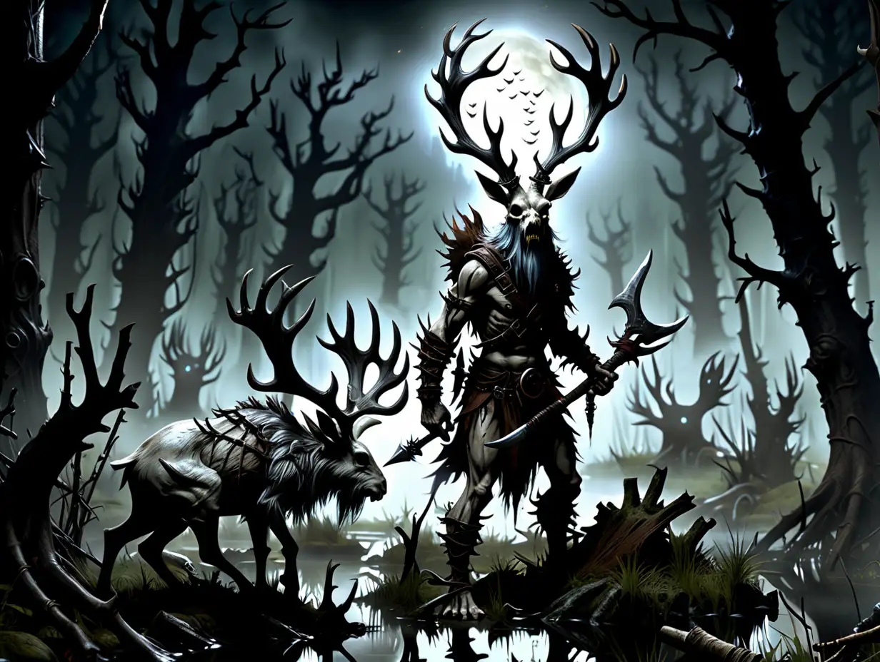 Kull, a lanky badass jackalope wendigo Barbarian in the style of Brian Jacques Dark Souls. background is ethereal spooky swamp thicket at night