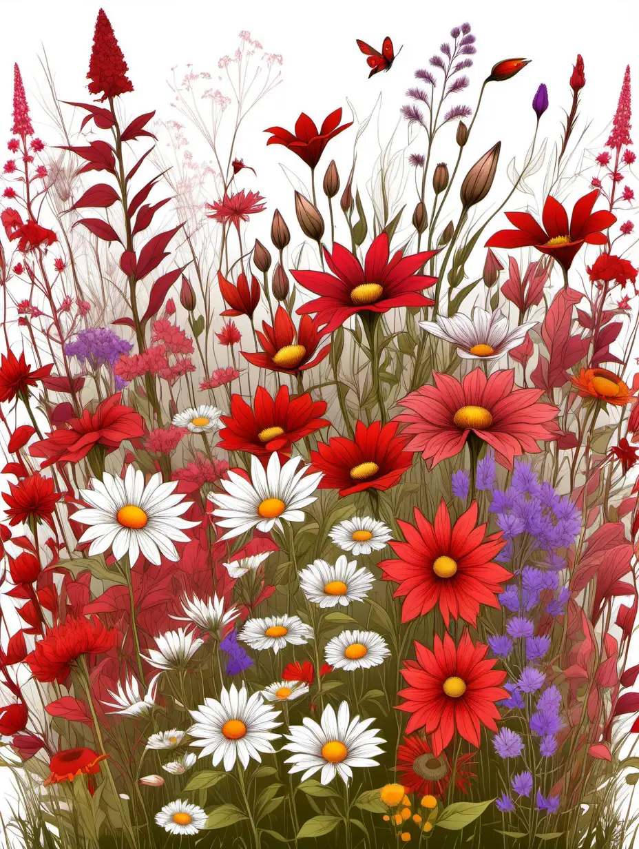 generate a visually harmonious,field of wildflowers,various shades of red,a cohesive arrangement,fantasy,high resolution,with at least 300 dpi, vector, white 
background 