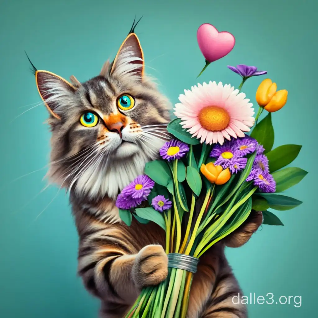 Licol Breed Cat Holding HeartShaped Flower Bouquet | Dalle3 AI