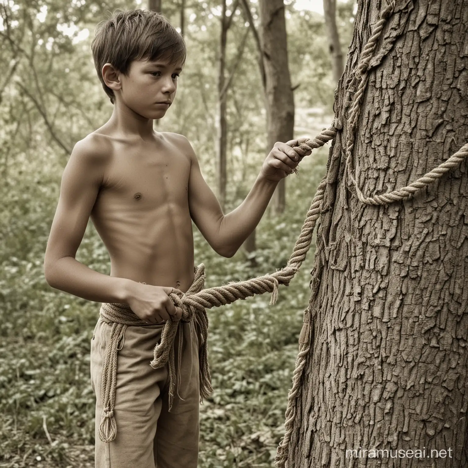 Teenage Boy Tied to Tree Playing Indian Game