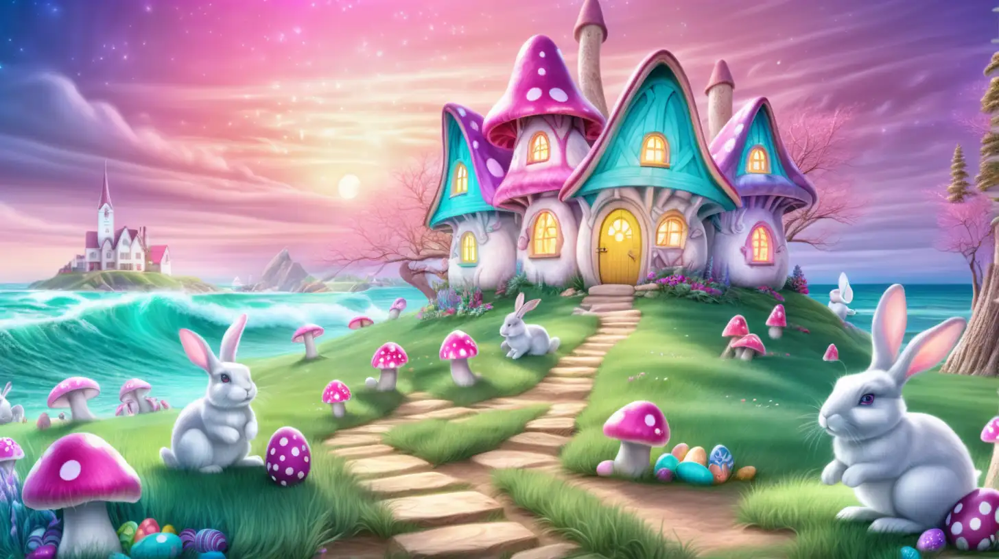 Bunnies surrounded by Glowing Magical-Fairytale-mushroom houses with magical ocean shores with path and easter eggs and bright-pink-Purple-Blue-Green