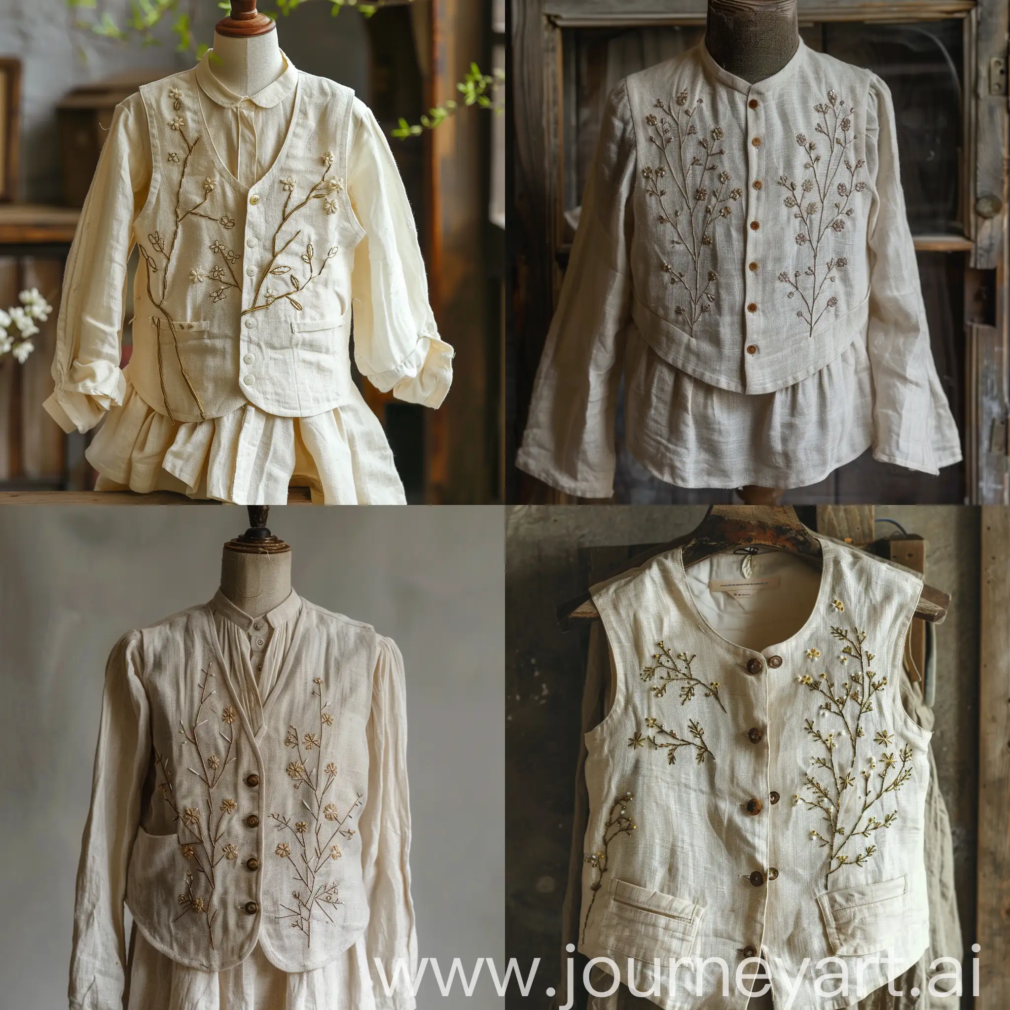 A blouse and a vest, cream linen, branch and small flower embroidery, button front