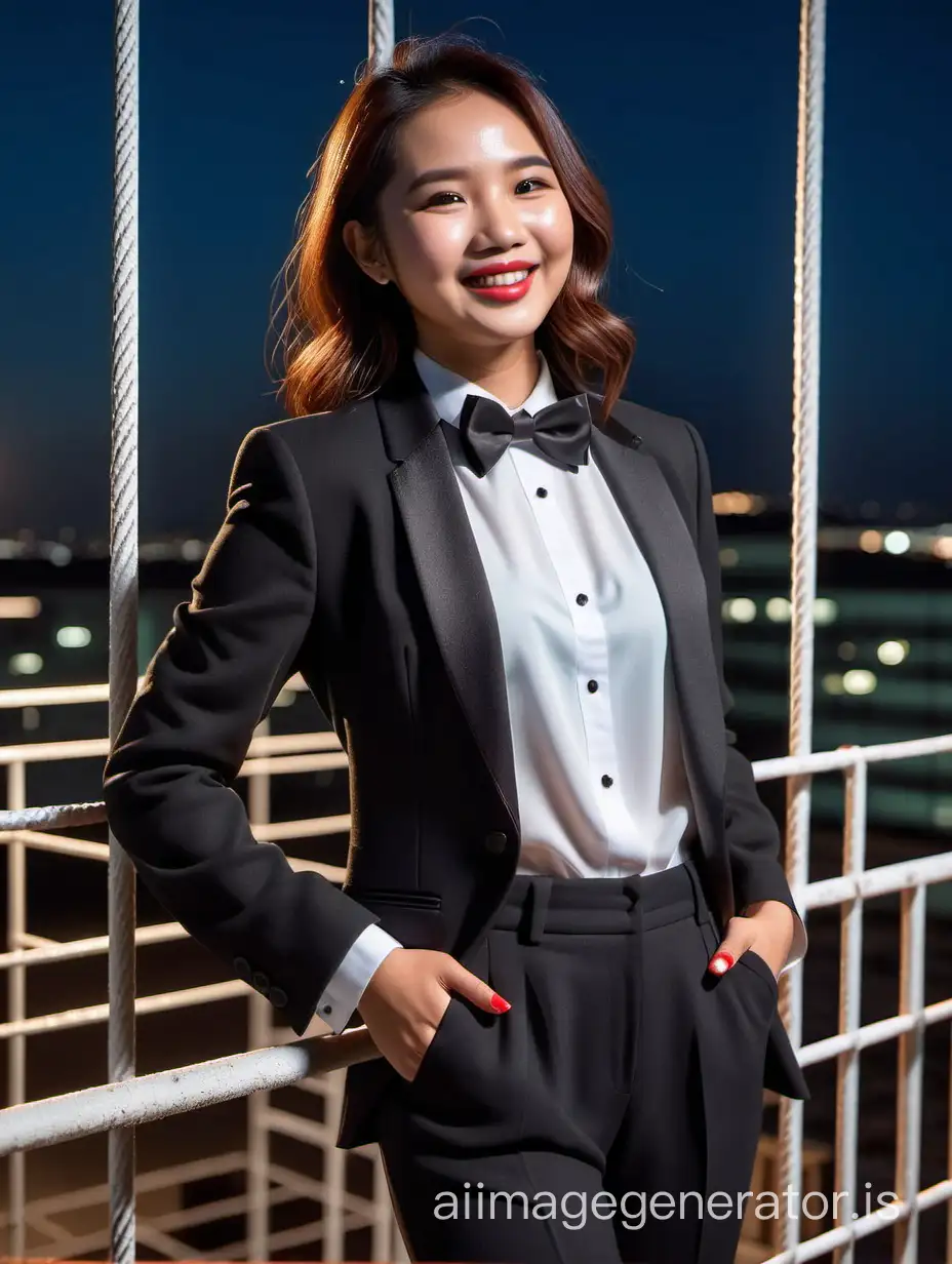 A stunning and cute and sophisticated and confident Indonesian woman with shoulder length hair and lipstick wearing a black tuxedo with a white shirt with cufflinks and a (black bow tie) and (black pants), standing on a scaffold facing forward, laughing and smiling. She is relaxed. It is night.