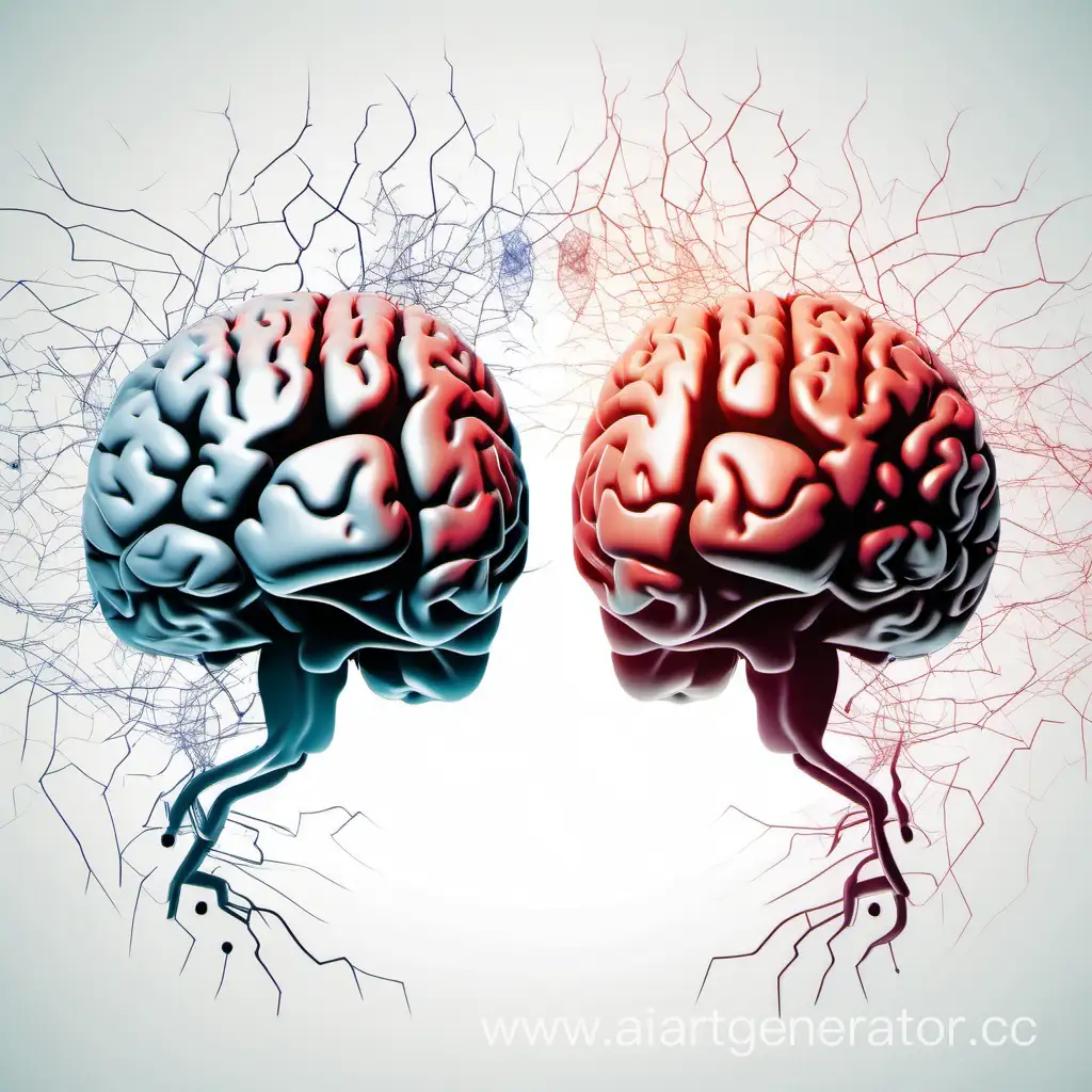 two brains on a white background, abstract images of negative thoughts fly out of the brains