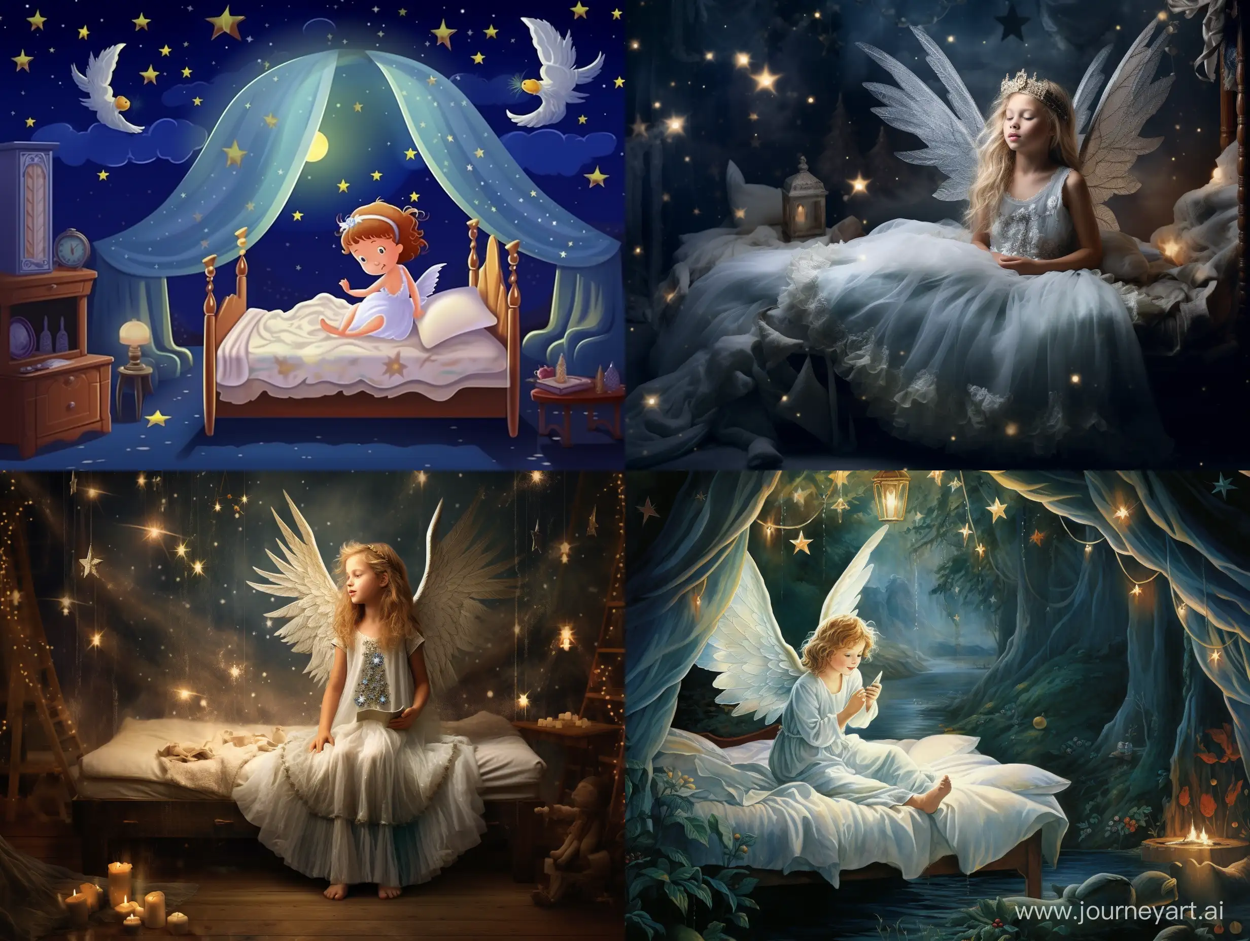  Visualize a scene where an ethereal tooth fairy, donned in vibrantly colored garments, is gently flitting into a child's room in the middle of the night. The room is steeped in soft moonlight, illuminating the peacefully sleeping White, female child. The bedding and surrounding decoration adding a warmth to the room are an intricate part of this image. The tooth fairy, a Middle-Eastern female, holds a tiny glistening bag meant for exchanging the child's lost tooth with a small treasure. The gentle, magical aura of the tooth fairy offers a beautiful juxtaposition against the calm and snug ambiance of the room.