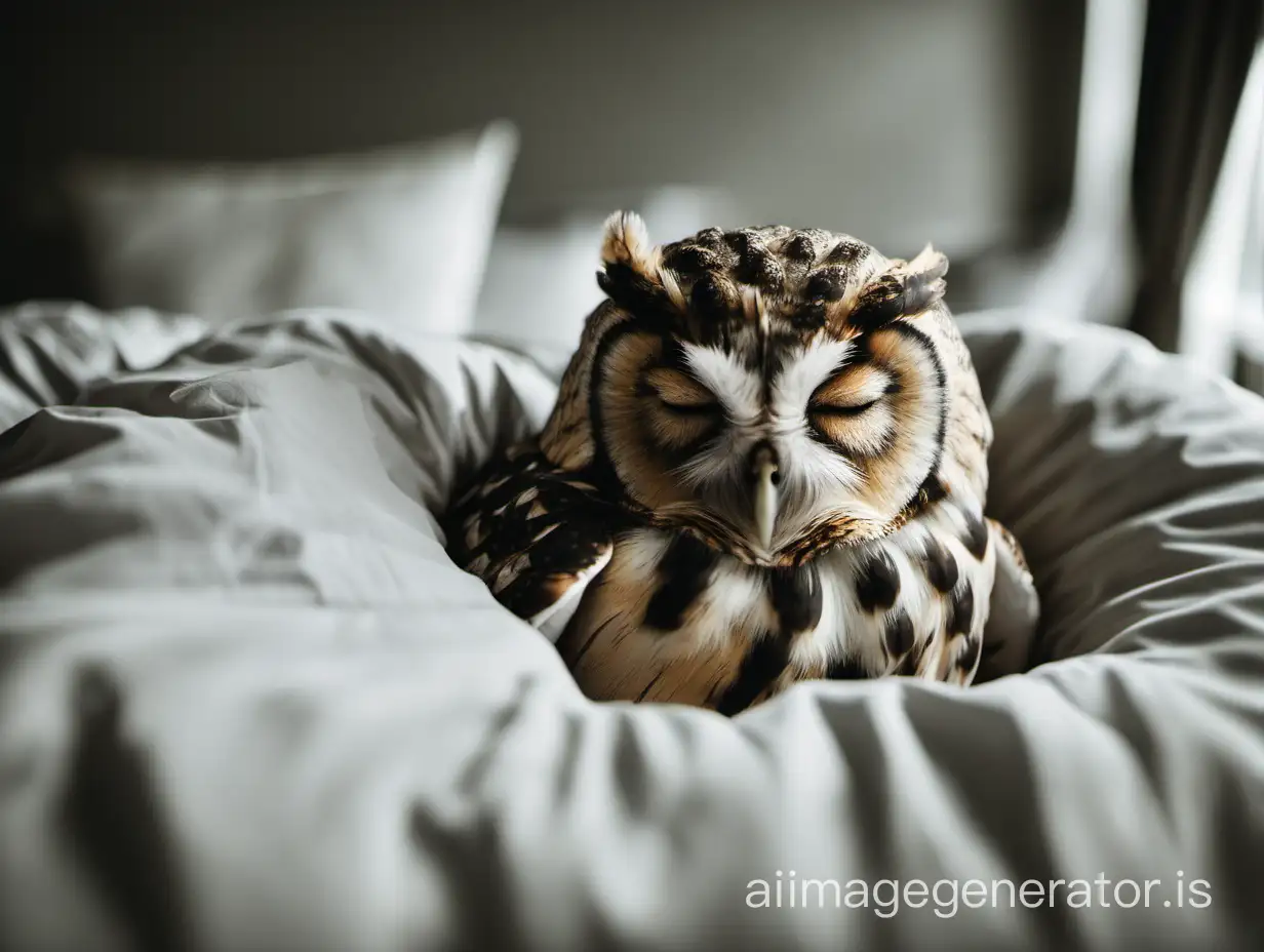 an owl sleeping in a bed
