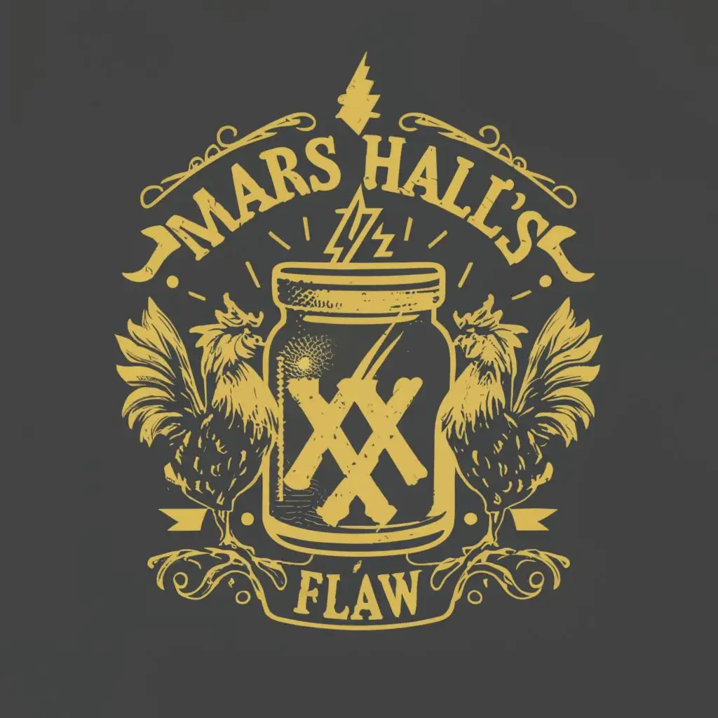 logo, mason jar with XX, lightning, roosters, with the text M A R S H A L L 's  fL A W typography, be used in Restaurant industry