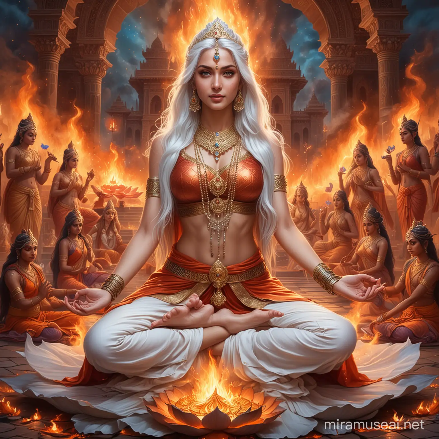 Powerful Hindu Empress Surrounded by Deities and Fire