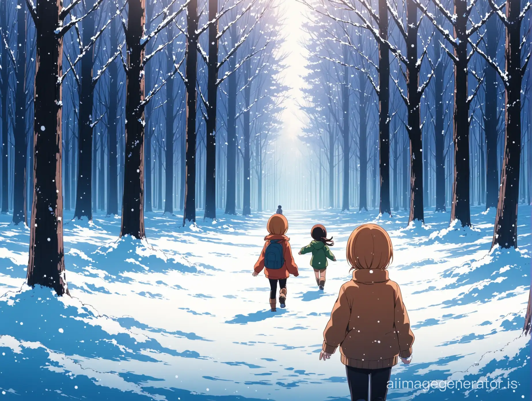 an anime image where there are 2 kids playing in the forest in the winter with their back to the camera