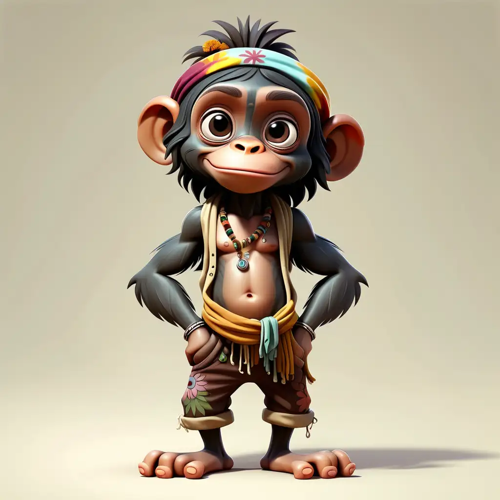 a cute Bonobo in full body cartoon style with Hippie clothes with clear background